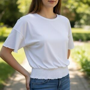 Code x Mode White Smocked Waist Short Sleeve Top classic Casual minimalist Sz L